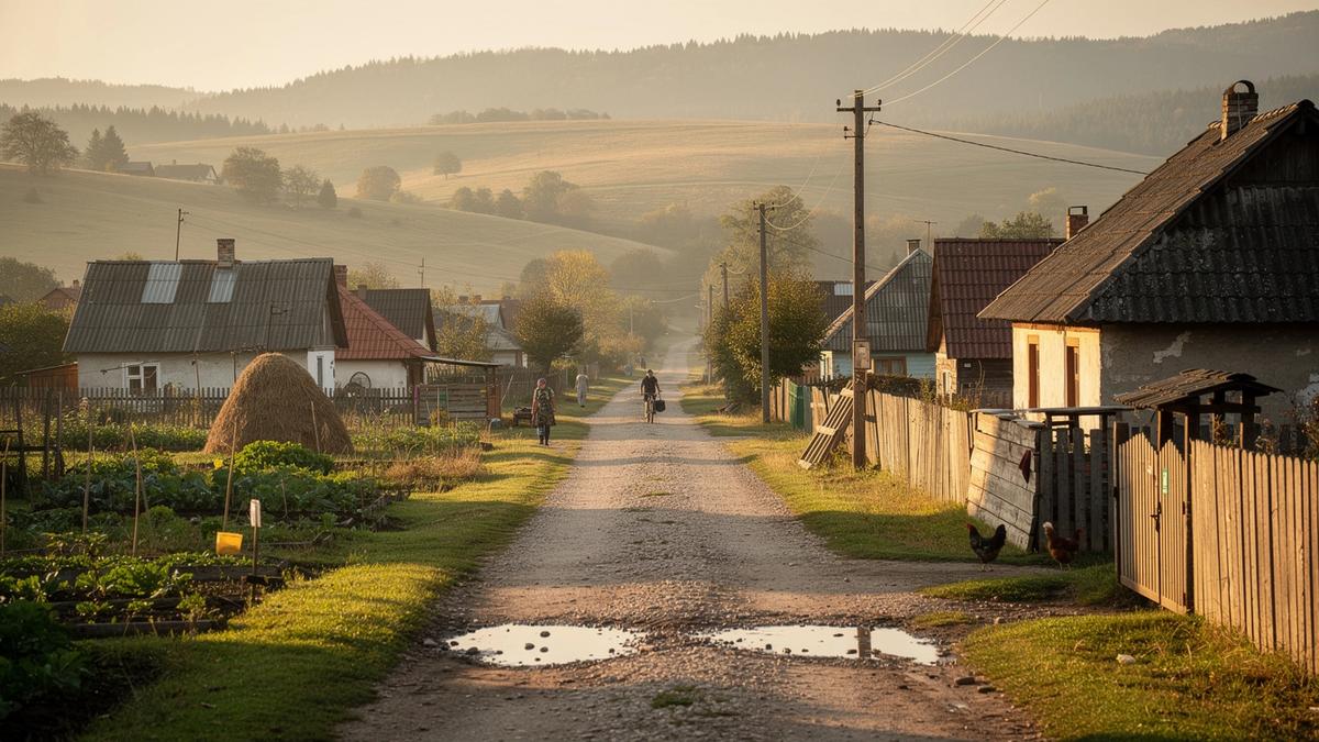 Village lane and low hills in the Carpathian foothills of the Ivano-Frankivsk region at golden hour